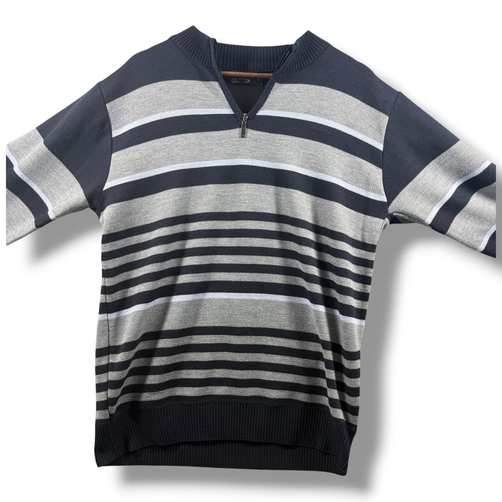 Marx & Dutch Collection Mens Large Quarter Zip Striped Sweater Navy Blue Grey